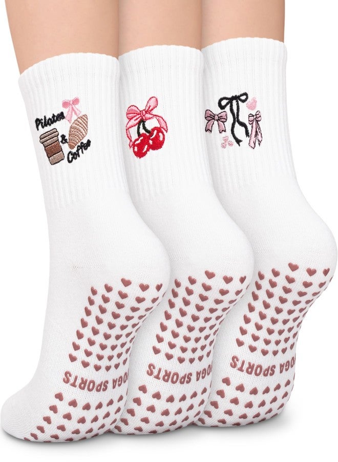 BLONGW Pilates Socks for Women, Cute Non-Slip Grip Crew Socks for Yoga, Barre, Hospital, Barefoot Workout, 3 Pairs - Image 1